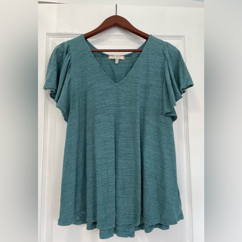 Eri + Ali Teal Flutter-sleeve Shirt